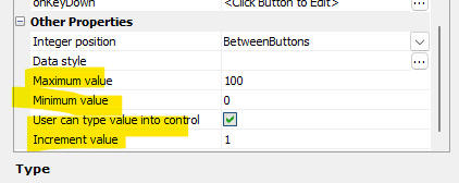 The Other Properties section for an Integer-Step control showing min/max and
increment settings.
